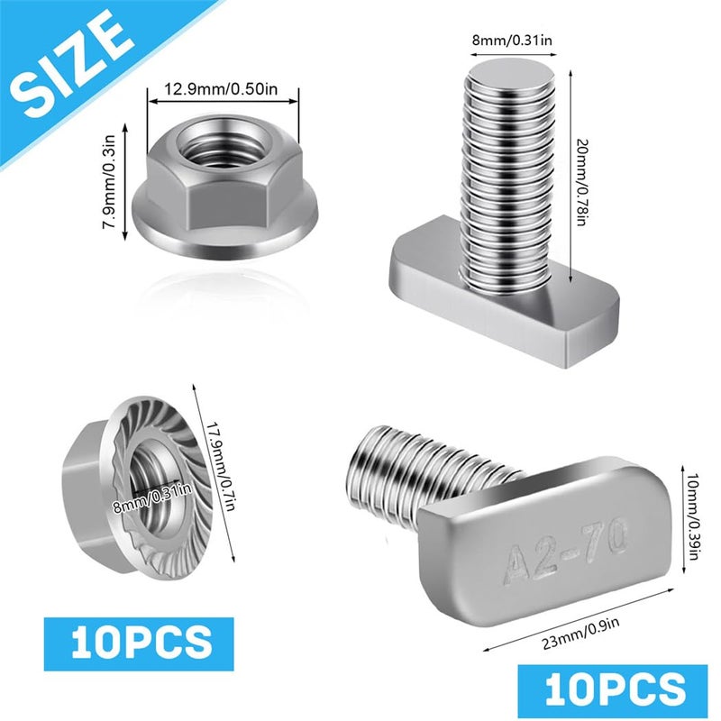 Yeasing T Bolt Set M8x20mm T Slot Drop-in Bolt Hammer Head Bolts T Shape Stud Sliding Screw with 10 Pcs Hexagon Flange Nuts for Aluminum Extrusion Profile Photovoltaic Solar Mounting, sliver - Image 2